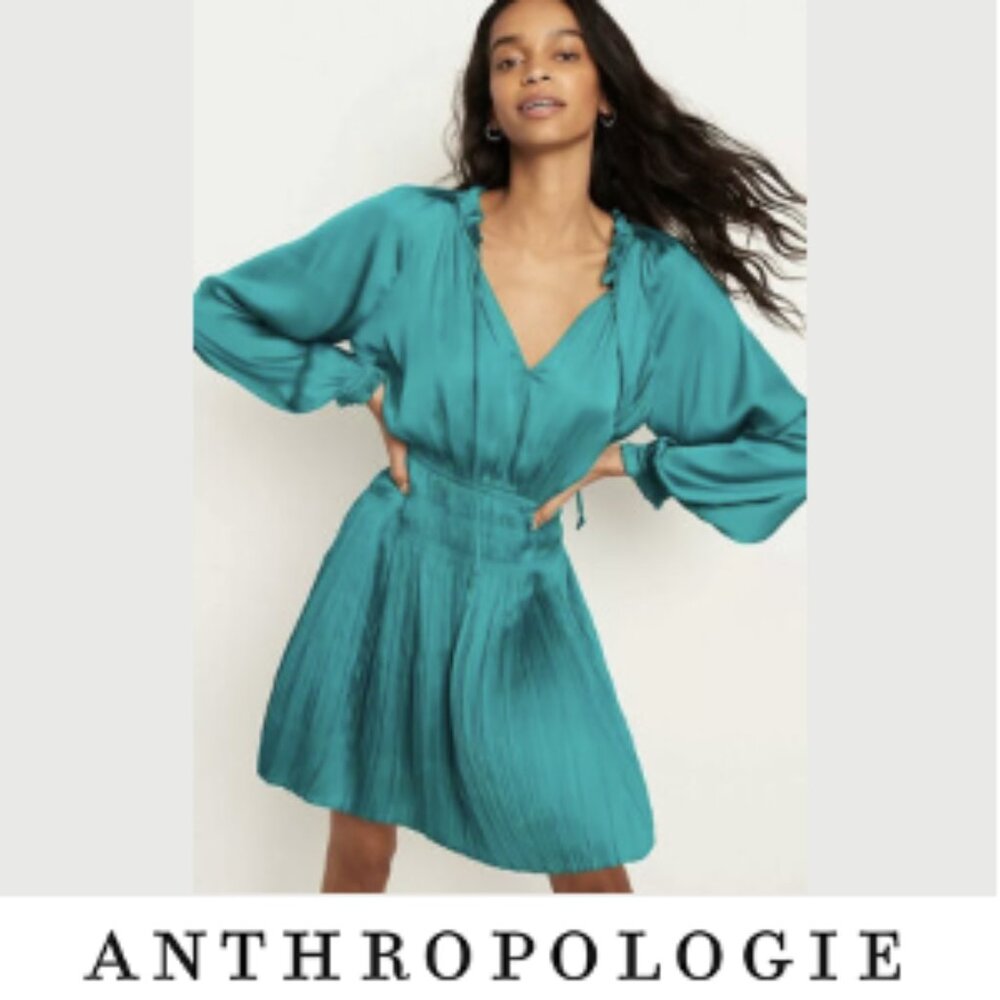 Anthropologie Teal Pleated Mini Dress